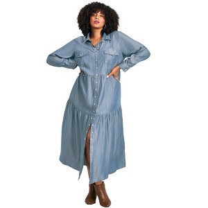 Avenue Women's Plus Size Denim Tiered Shirtdress - 1 of 4