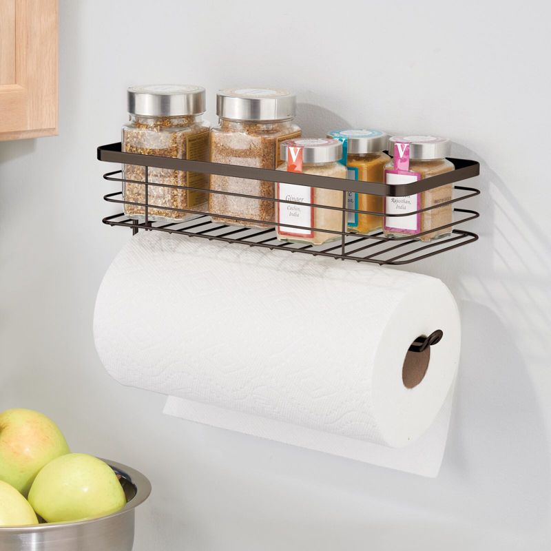 mDesign Steel Horizontal Wall Mounted Paper Towel Holder with Basket, 2 of 11
