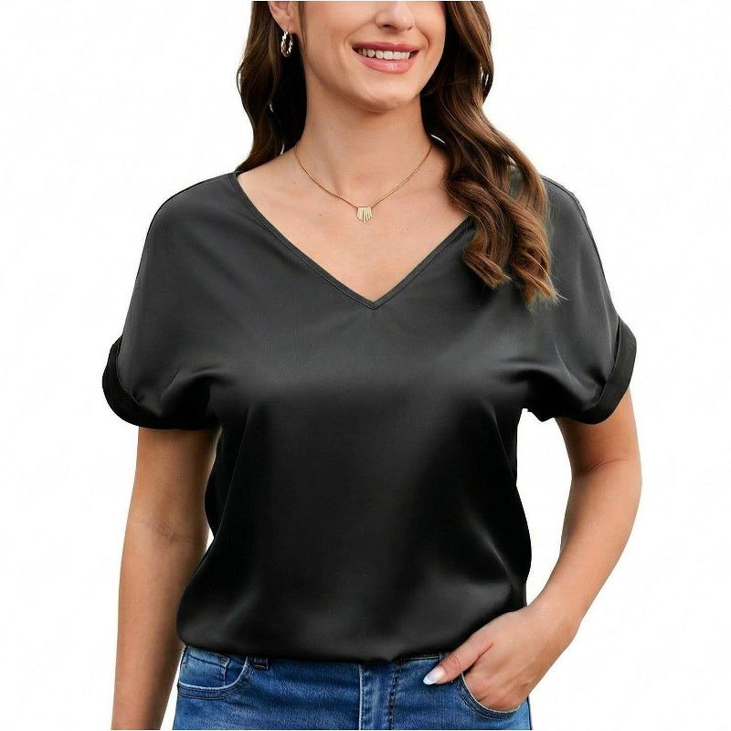 Zeagoo Women's Summer Short Sleeve Pullover Blouses Satin Silk Shirts Casual Loose Work Tunic Tops