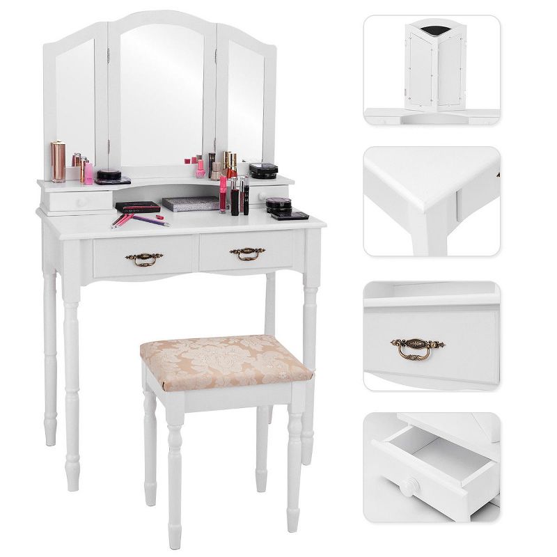 Tangkula Tri Folding Vanity Mirror Makeup Table Set w/4 Drawers & Stool White, 5 of 6