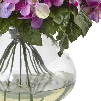Lush Hydrangea and Fern 18" Outdoor Tabletop Arrangement in Glass Vase