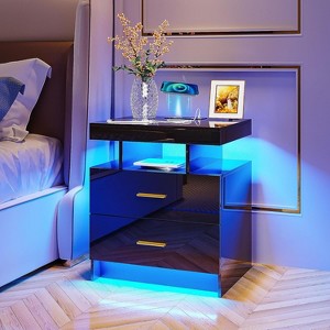 Vlsrka LED Nightstand with Wireless Charging, USB Ports, 2 Drawers, Floating Design, Adjustable 3-Color Light Strip, High Gloss Finish - 1 of 3