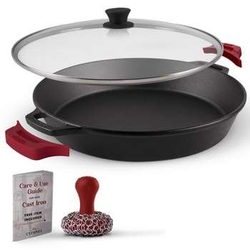Cuisinel Cast Iron Skillet + Glass Lid + Chainmail Scrubber - 15"-Inch Dual Handle Braiser Frying Pan + Silicone Handle Covers