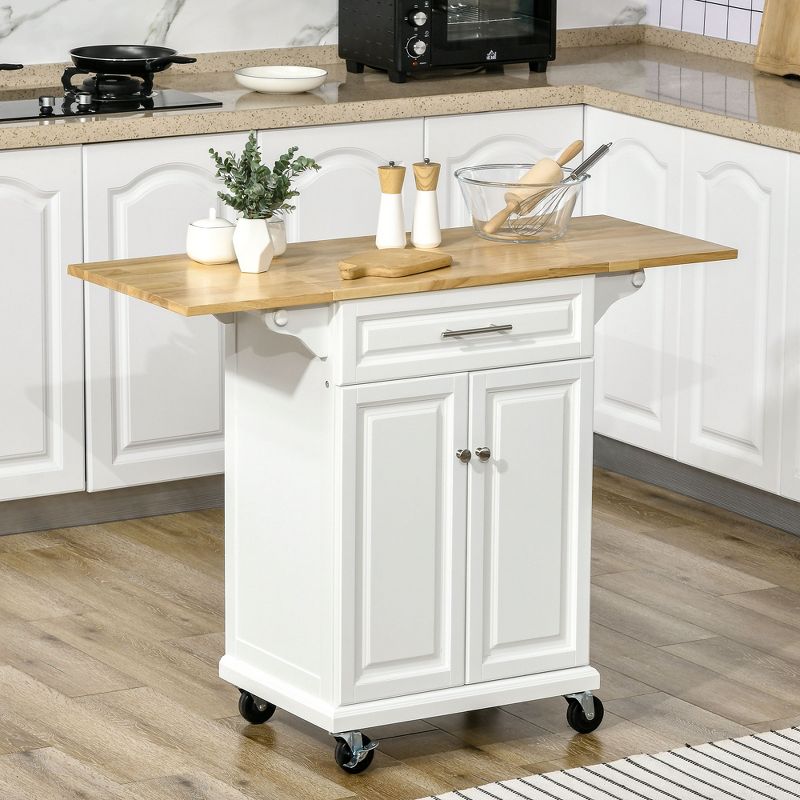 HOMCOM Kitchen Island Trolley Cart on Wheels with Drop Leaf Drawer Cabinet Towel Racks Versatile Use Natural Wood Top and White, 3 of 9