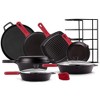 Cast Iron Cookware Set - 17-Piece Pre-Seasoned Kit - 8" Skillet + 10"+12" Skillets with Glass Lid + Grill Pan + Multi-Cooker + Pan Rack. - 2 of 4