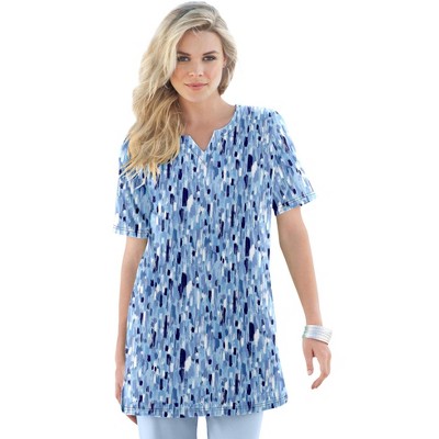 Roaman's Women's Plus Size Print Notch Neck Soft Knit Tunic