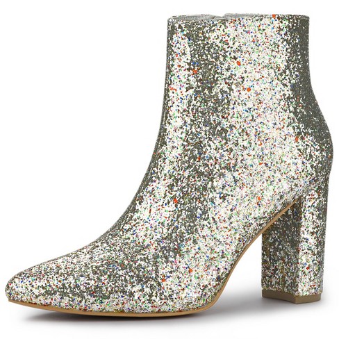 Allegra K Women's Pointed Toe Chunky Heel Ankle Boots Silver 9 : Target