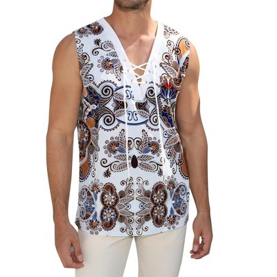 Men's Cotton Linen Tank Top Shirts Casual Sleeveless Lace Up Beach Hippie Tops Bohemian Renaissance Pirate Tunic