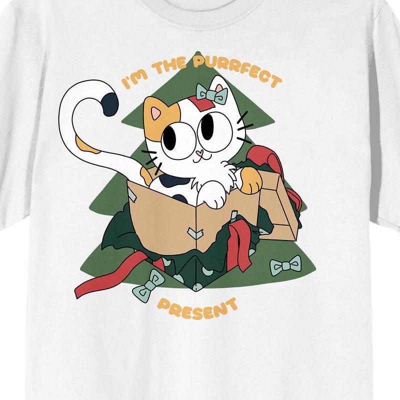 Christmas Critters The Purrfect Present Crew Neck Short Sleeve White Adult T-shirt, 2 of 3