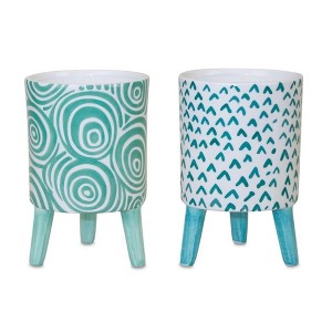 Blue Patterned Pot with Legs (Set of 2) 6 Inch for Indoor Planting By Melrose - 1 of 3