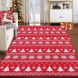 Washable Modern Christmas Tree Printed Rug Non Slip Low Pile Rug Soft Striped Xmas Floor Cover Foldable Indoor Carpet for Living Room Bedroom Office - 1 of 4
