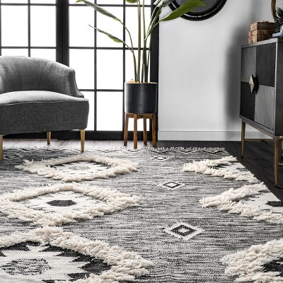 Savannah Moroccan Black Wool Shag Rug with Geometric Pattern