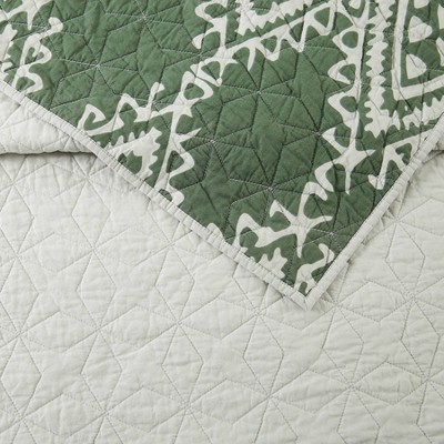 Aisha Green and Gray Cotton King Quilt Set