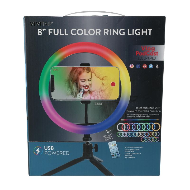 Vivitar RGB Ring Light 8 Inch with Remote, LED Selfie Full Color Ring Light with Adjustable Tripod Stand, Phone Holder and Remote Shutter, 16 Color Light for Live Streaming Makeup Vlogging, 5 of 7