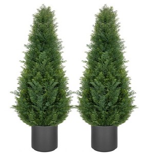 3FT 4FT Cedar Topiary Faux Pine Shrubs Tree Artificial Cypress Topiary Plant with Gray Pot for Indoor Outdoor Porch Patio Entryway Decoration Set of 2 - 1 of 4