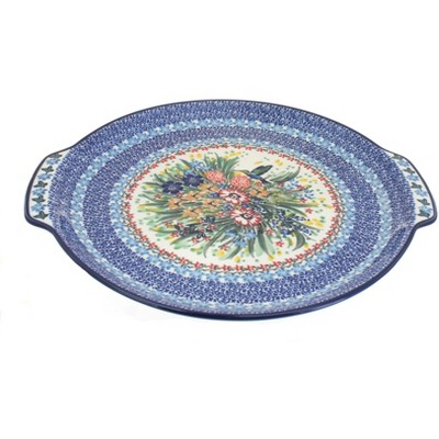 Blue Rose Polish Pottery Hummingbird Round Serving Tray with Handles