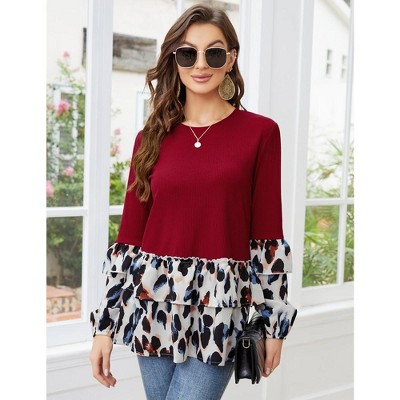 WhizMax Leopard Print Tops for Women Long Sleeve Ruffles Tunic Tops Leoaprd Babydoll Peplum Top Blouses