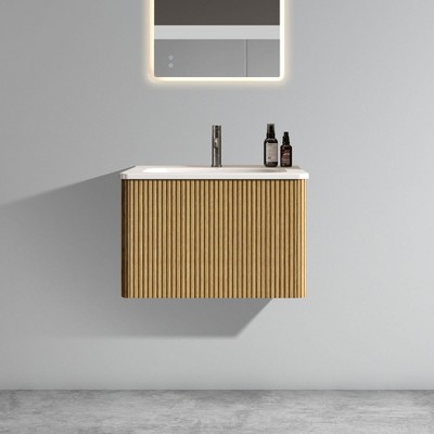 Vynxaria 24" Striped Brushed Natural  Oak Floating Bathroom Vanity with White Ceramic Sink, Pre-assembled for Modern Bathrooms
