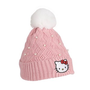Hello Kitty Pink Knit With Faux Fur Pom Cuff Beanie - 1 of 4