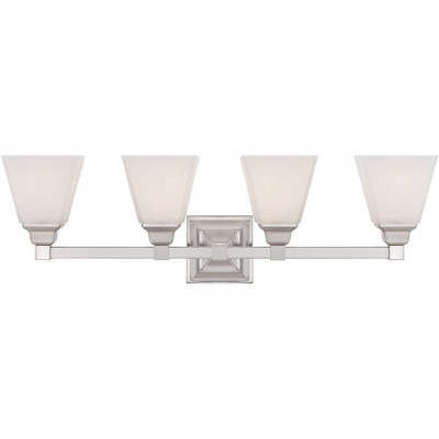 Regency Hill Wall Light Satin Nickel Hardwired 28" Wide 4-Light Fixture Opal Glass Shades for Bathroom Vanity