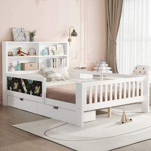 Bellemave Full Platform Bed with Chalkboard, Solid Wood Platform Bed with Storage Drawers and Shelves, Childlike Fun and Space-saving Design, White - 1 of 4