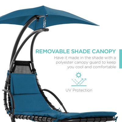 Peacock Blue Hanging Curved Chaise Lounge Chair with Canopy