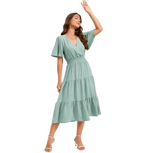 Clearlove Women's Casual V Neck Midi Dress Smocked Waist Tiered Short Sleeve A Line Pleated Flowy Long Dress - 1 of 4