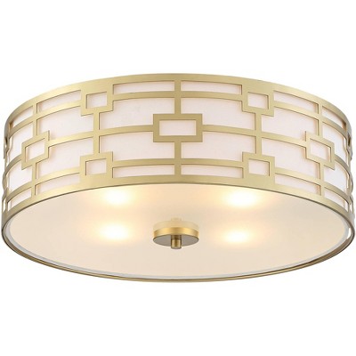 Stiffel Modern Art Deco Ceiling Light Flush Mount Fixture Gold 18" Wide Open Grid Fabric Drum Shade Bedroom Kitchen