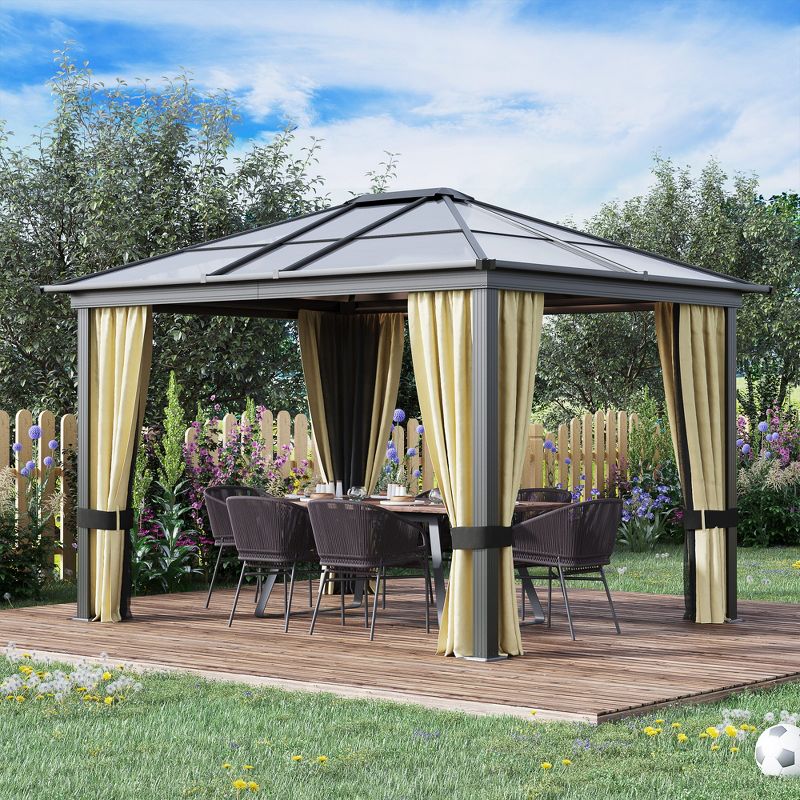 Outsunny 10x12 Polycarbonate Hardtop Gazebo, Gazebo Canopy with Aluminum Frame, Curtains and Netting for Garden, Patio, Backyard, Beige, 3 of 9