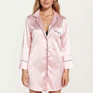 Anna-Kaci Lounge Women's Satin Button-Front Sleep Shirt with Contrast Piping Trim and Relaxed Long Sleeve Silhouette - 1 of 4