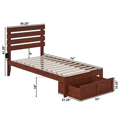 Walnut Twin Wood Platform Bed with Storage Drawer and USB Charger