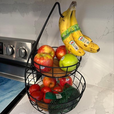 Iron And Mangowood Wire 2-tier Fruit Basket With Banana Hanger