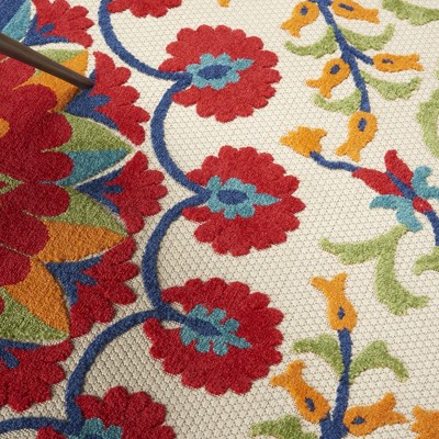 Festive Floral Red Synthetic 63" Outdoor Rug