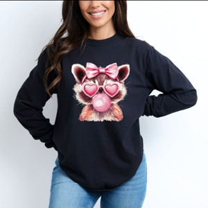 Valentine Raccoon With Bubblegum - Women's Garment Dyed Long Sleeve Graphic T-Shirt - 1 of 4