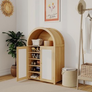 5 Tier Arched Shoe Storage Cabinet with Rattan Doors, Farmhouse Freestanding Shoe Rack Cabinet with Adjustable Shelves for Entryway, Hallway - 1 of 4