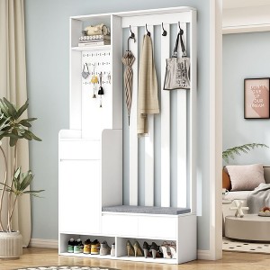 Contemporary Hall Tree with Cushioned Bench, White, 39.3�Wx70.8�'H - 1 of 3