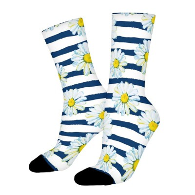 Daisies On Blue Stripes Women Printed Crew Socks Funny Funky Socks Soft Polyester Novelty Gifts for Artists Men