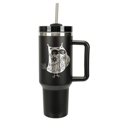 Elanze Designs 40 Ounce Travel Tumbler With Straw and Lid Stainless Steel Double Wall Insulated Garden of Flowers Owl Black
