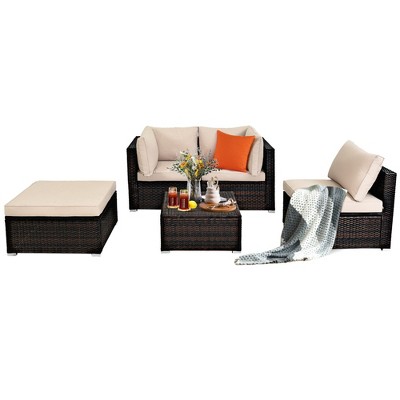 Tangkula 5-Piece Outdoor Patio Sectional Rattan Wicker Conversation Sofa Set with Turquoise/Yellowish Cushions