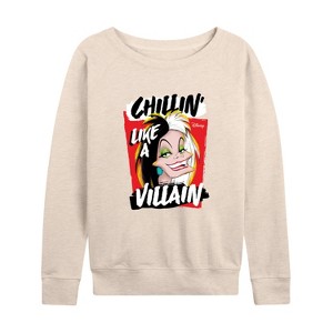 Women's - Disney Villains - Cruella Chillin Like A Villain Lightweight French Terry Wide Neck Long Sleeve Shirt - 1 of 4