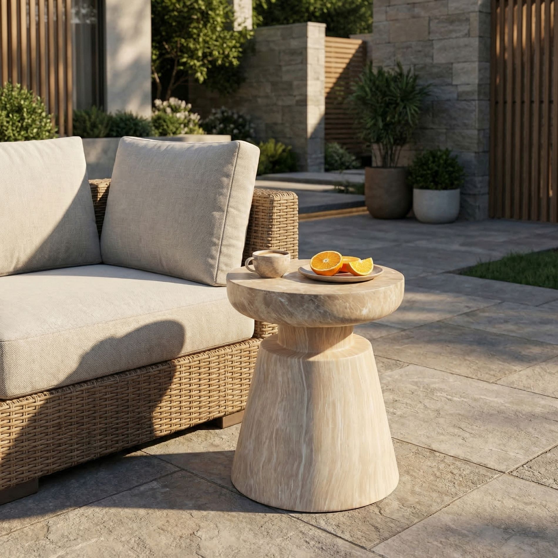 ModernLuxe Round End Table Outdoor Lightweight Concrete Side Table, Faux Travertine Stone Pedestal Accent Table, No Assembly Required, Gold