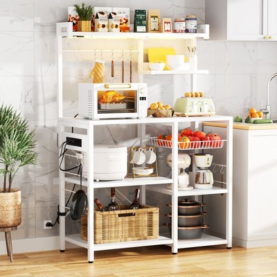 Aheaplus Kitchen Storage Shelf with Hooks, Coffee Bar with Charging Station and Shelves