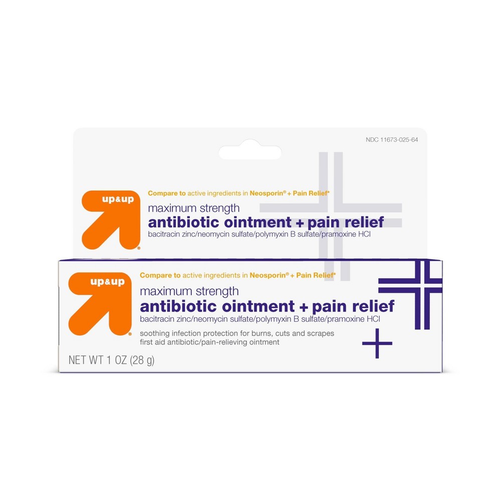 Antibiotic Maximum Strength Pain Relieving First Aid Ointment - 1oz - up & up Compare to the active ingredients in Neosporinae. Maximum Strength First Aid Triple Antibiotic Pain Relieving Ointment is a must for any first aid kit. This maximum strength antibiotic ointment helps soothe and reduces pain in minor cuts, scrapes and burns while providing long lasting, 24 hour protection against infection. If you’re not satisfied with any Target Owned Brand item, return it within one year with a receipt for an exchange or a refund. Age Group: adult.