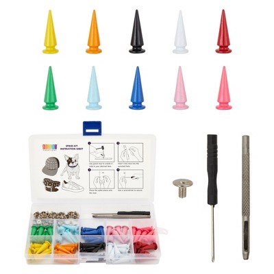 Bright Creations 60 Piece Set Colorful Spikes and Studs for Crafts and Clothing with Tools and Grid Storage Box (10x26mm, 10 Colors)