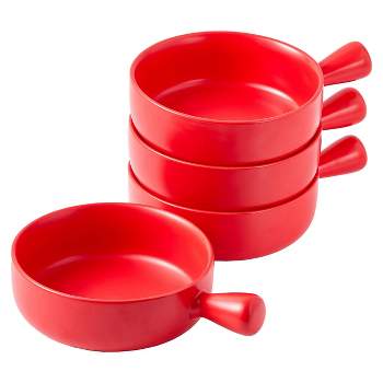 Bruntmor 20 Oz Round Flat Porcelain Soup Bowl with Handle Set of 4, Red