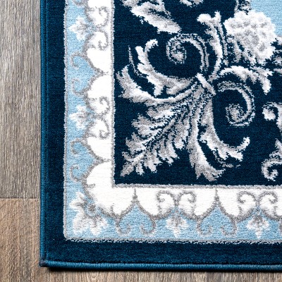 Acanthus Medallion French Border Navy/Blue Synthetic Area Rug 3x5