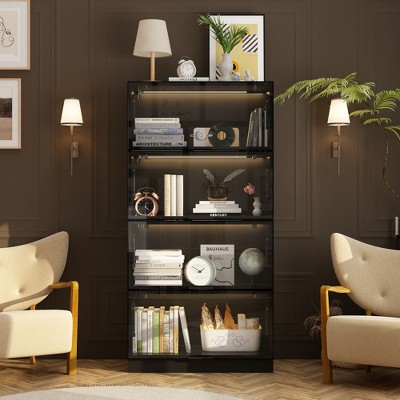 FUFU&GAGA 3-color Lights Four Compartment Glass Vertical Storage Display Cabinet
