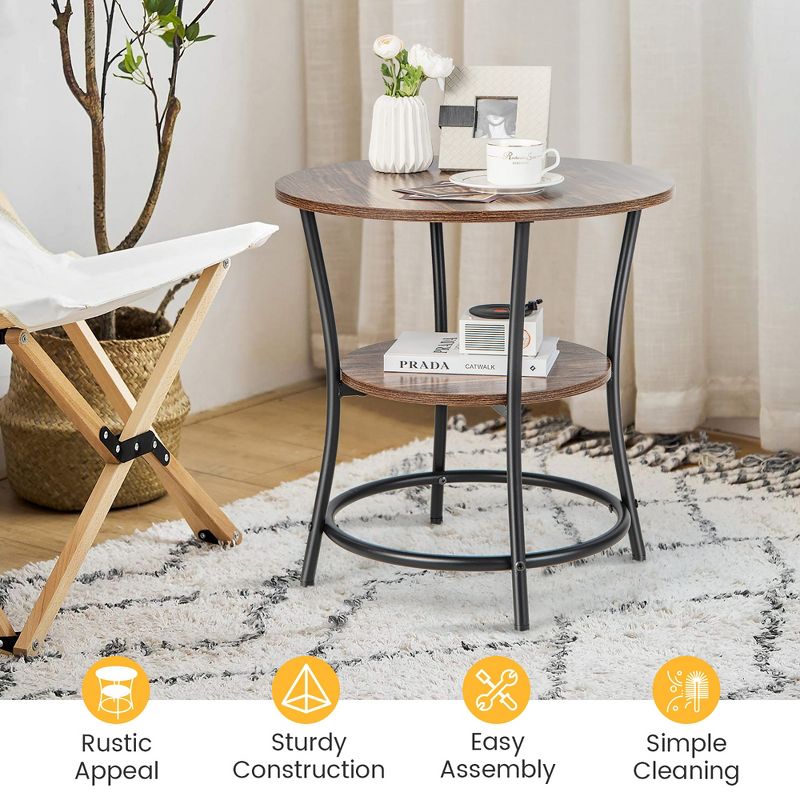 Costway 2 PCS 2-Tier Sofa Side End Table Round Nightstand with Sturdy Metal Frame Brown/Oak, 5 of 11