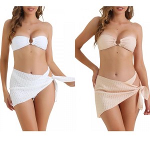 INSPIRE CHIC Women's O Ring Bandeau Ribbed Triangle Bottoms with Cover Up Bottoms Swimwear Bathing Bikini Suits 2 Sets - 1 of 4
