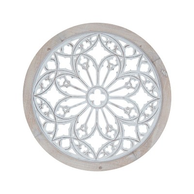 HomeRoots 25" Natural And White Wood Medallion Round Hanging Wall Decor